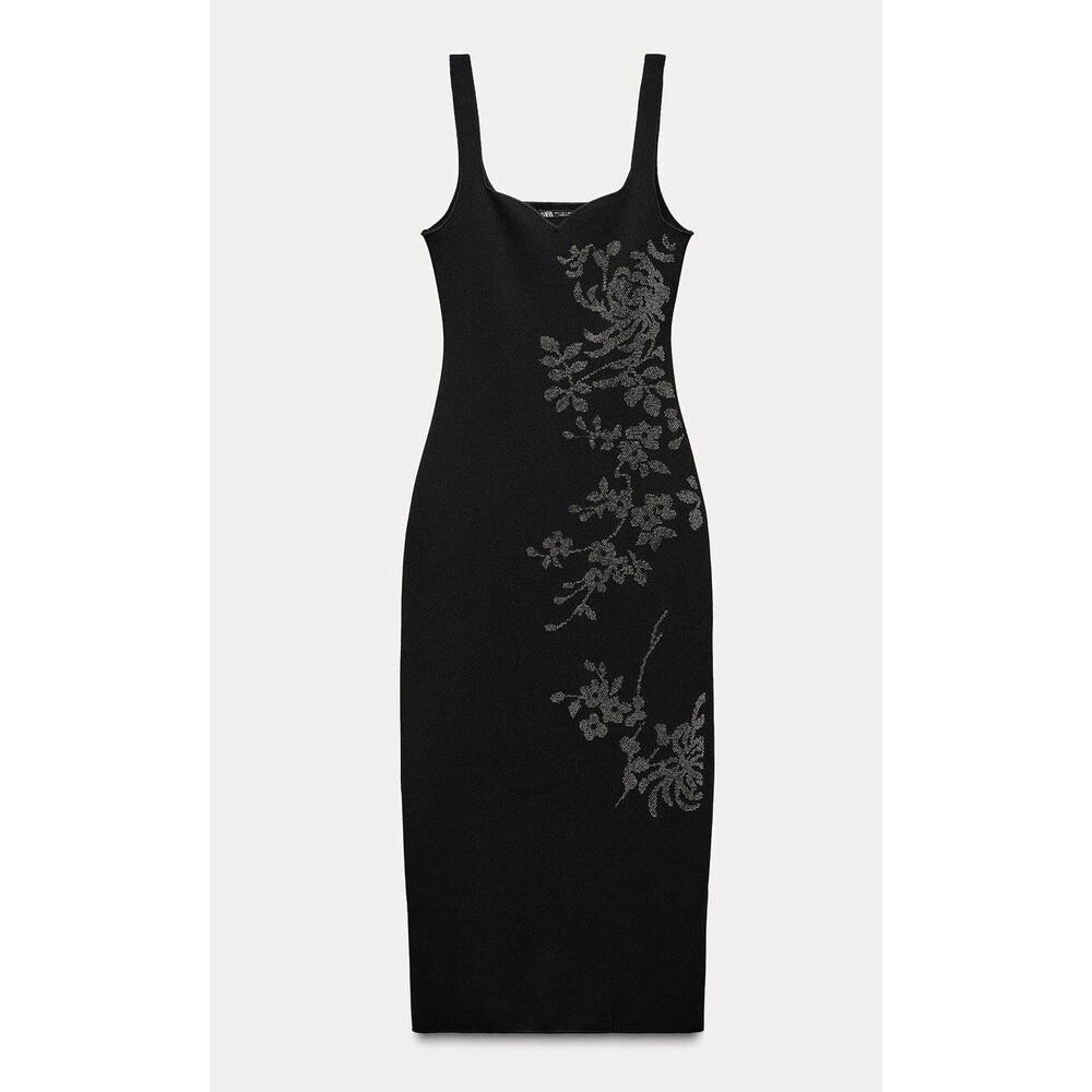 ZARA WOMAN BLACK STRETCH KNIT SHIMMER SPARKLY MIDI DRESS SIZE SMALL 5584/695